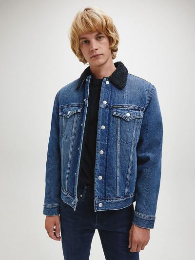 Calvin Klein Ruhák HU190489 | Calvin Klein Faux Sherpa Férfi Farmerkabát Sötét Kék